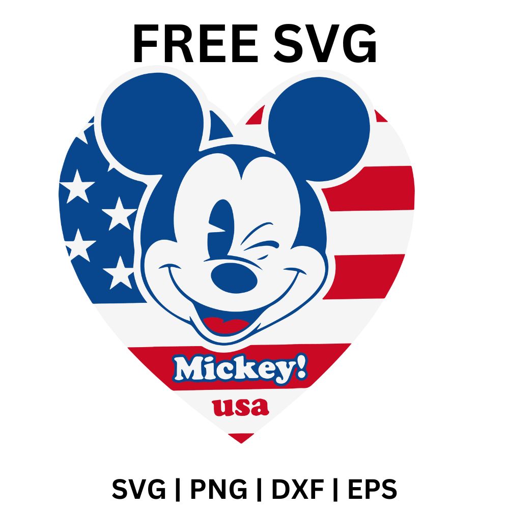 Winking cartoon mouse face inside a stars and stripes flag heart above the word usa, free patriotic cartoon mouse SVG cut file preview.