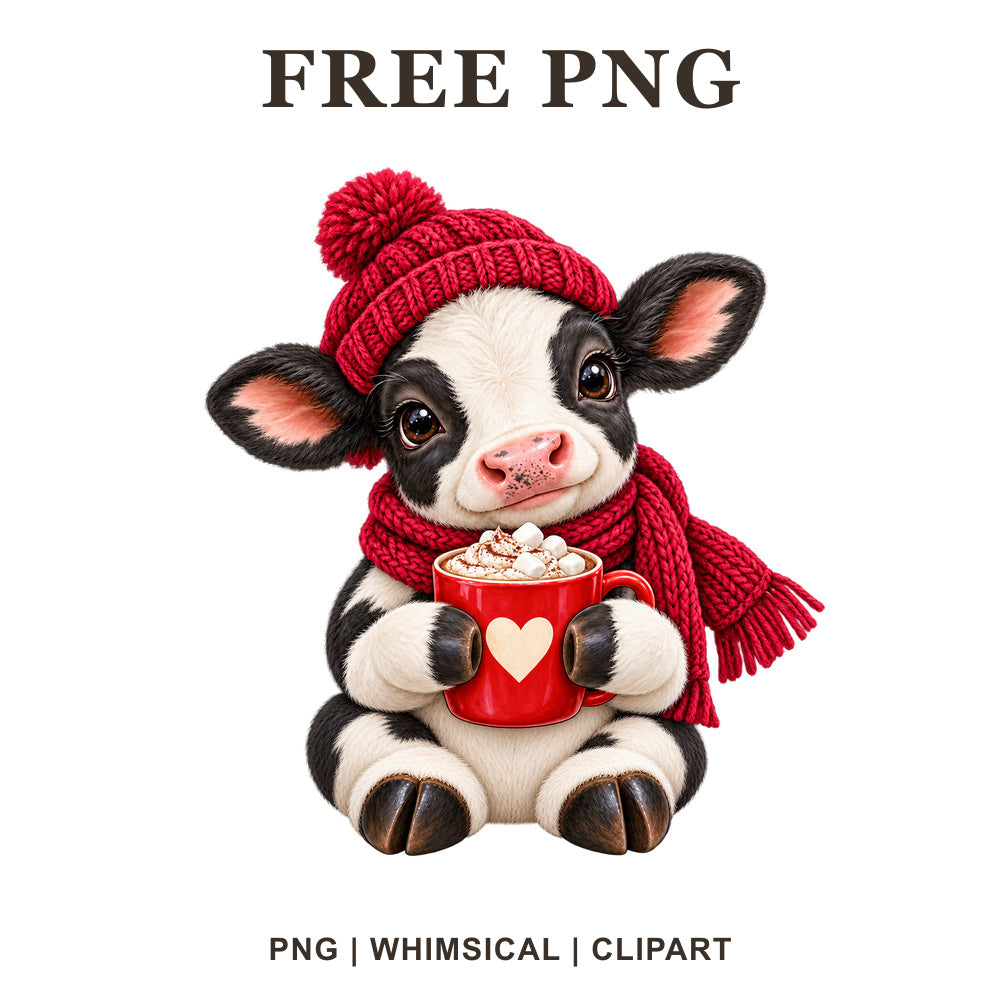 Cow with winter cocoa, whimsical winter cow PNG clipart.
