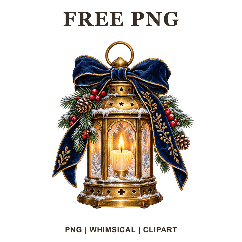 Glowing gold candle lantern with a navy velvet bow, pinecones, red berries and evergreen sprigs, free winter lantern PNG