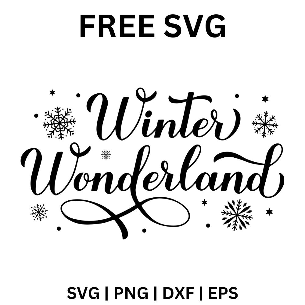 Black calligraphy Winter Wonderland lettering with a long swash underline and scattered snowflakes and dots, free winter wonderland SVG cut file preview.