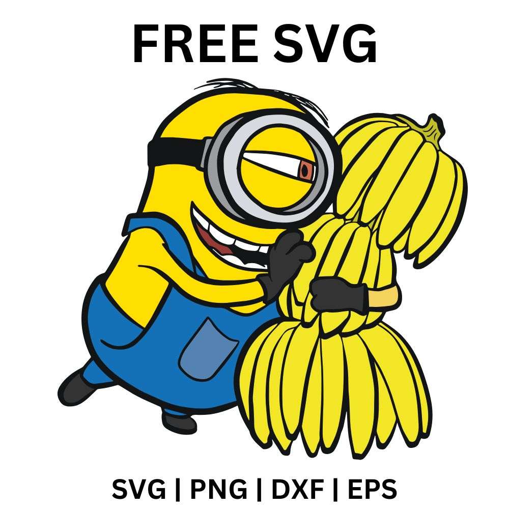 Little yellow one-eyed helper in goggles and blue overalls hugging big bunches of bananas, free banana hug cartoon SVG cut file preview.
