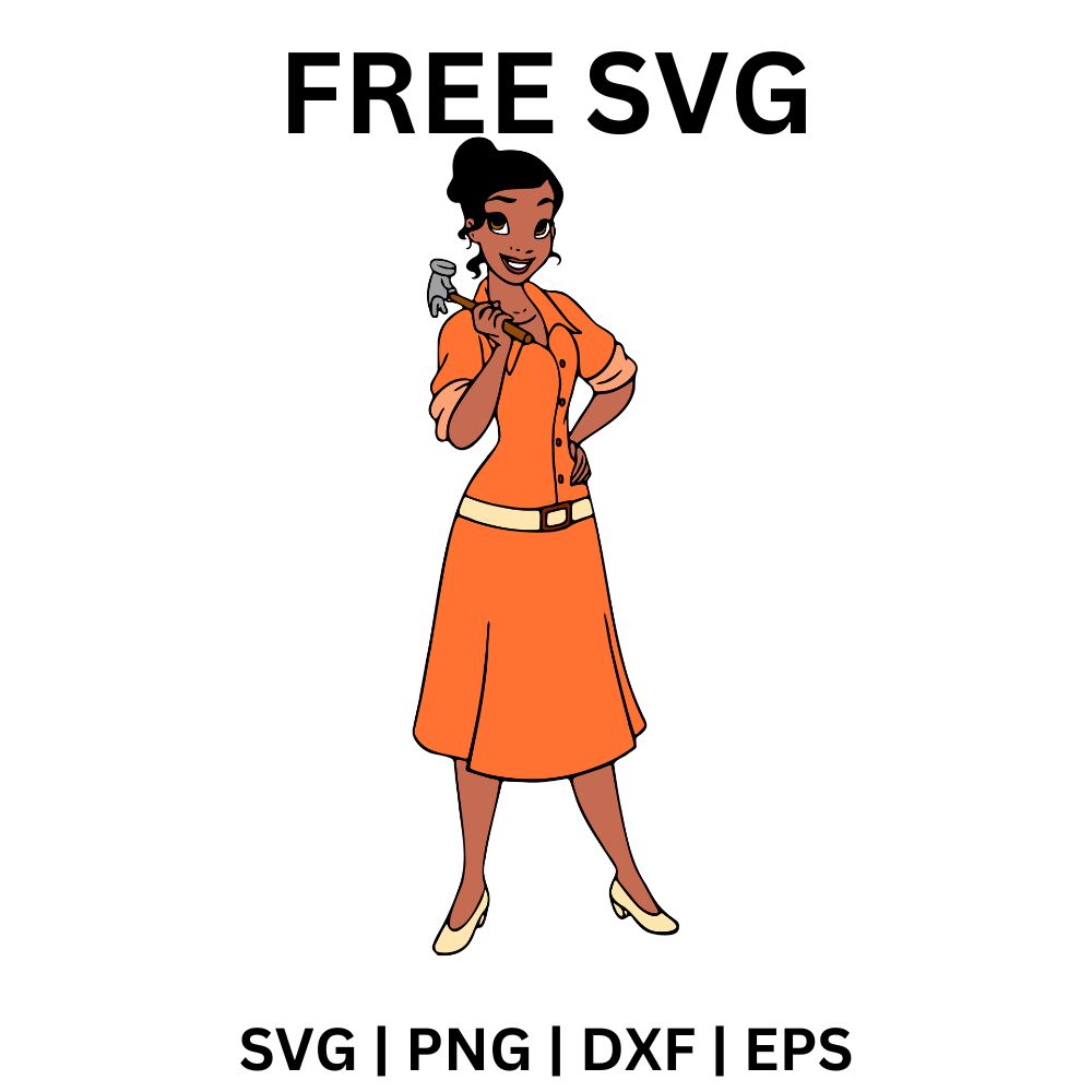 Confident cartoon young woman in a vintage orange dress holding a wrench with one hand on her hip, free hardworking girl SVG cut file preview.