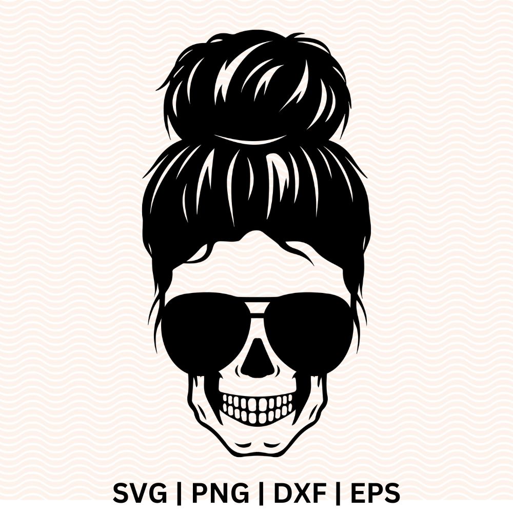 Messy Bun Skeleton SVG Free Silhouette with sunglasses