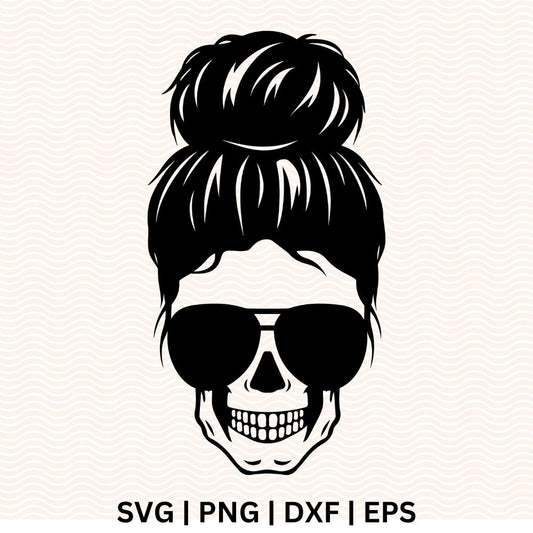 Messy Bun Skeleton SVG Free Silhouette with sunglasses