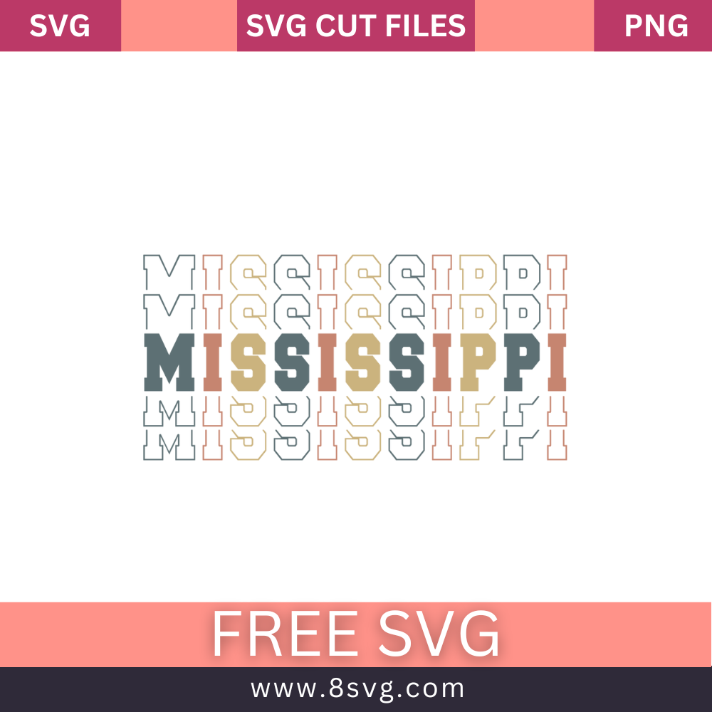 Stacked retro MISSISSIPPI lettering in gray, tan and peach with repeating outline echoes above and below, free Mississippi stacked text SVG cut file preview.