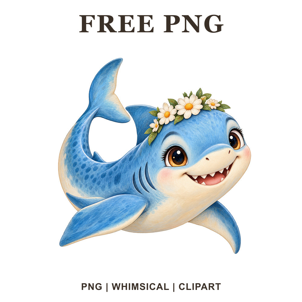 Whimsical Daisy Blue Shark Clipart PNG