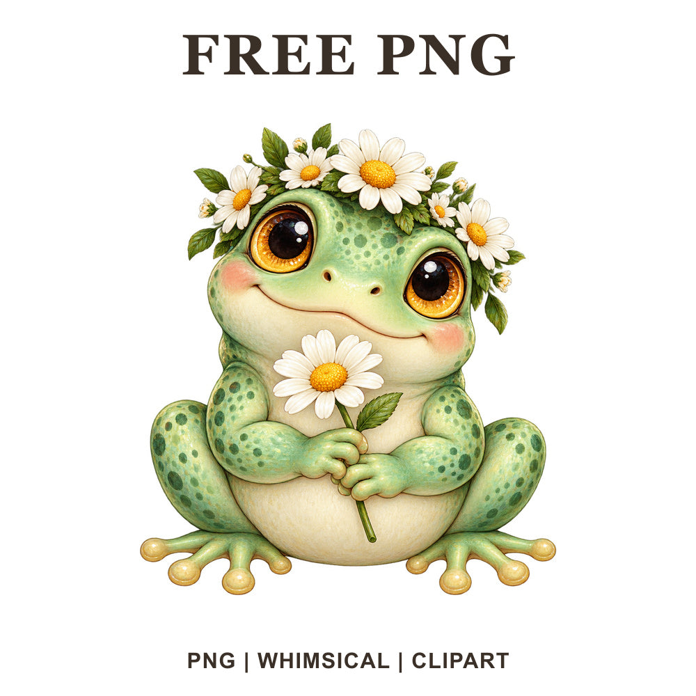 Whimsical Daisy Garden Frog Clipart PNG-8SVG