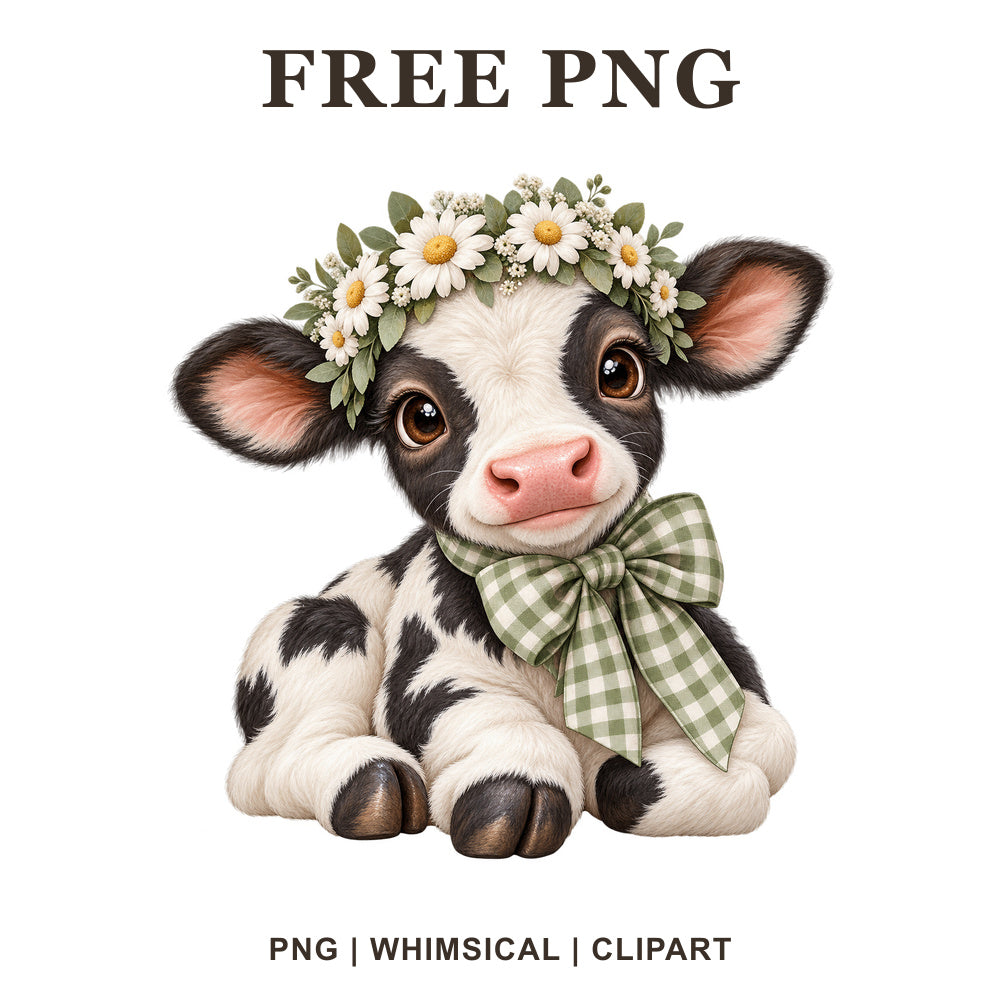 Whimsical Daisy Holstein Cow Clipart PNG