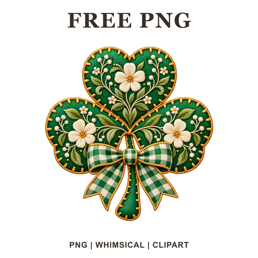 Whimsical Embroidered Shamrock St Patricks Day Clipart PNG