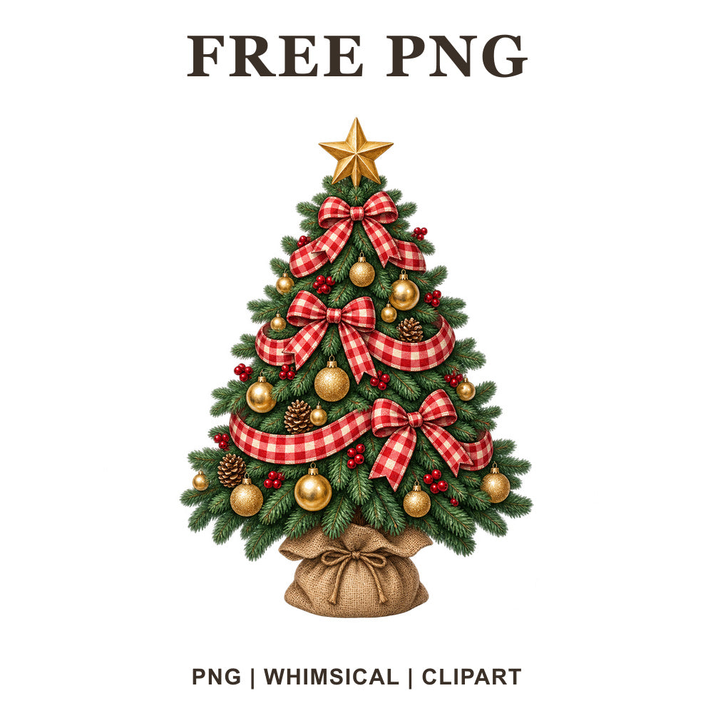 Whimsical Gingham Ribbons Christmas Tree Clipart PNG