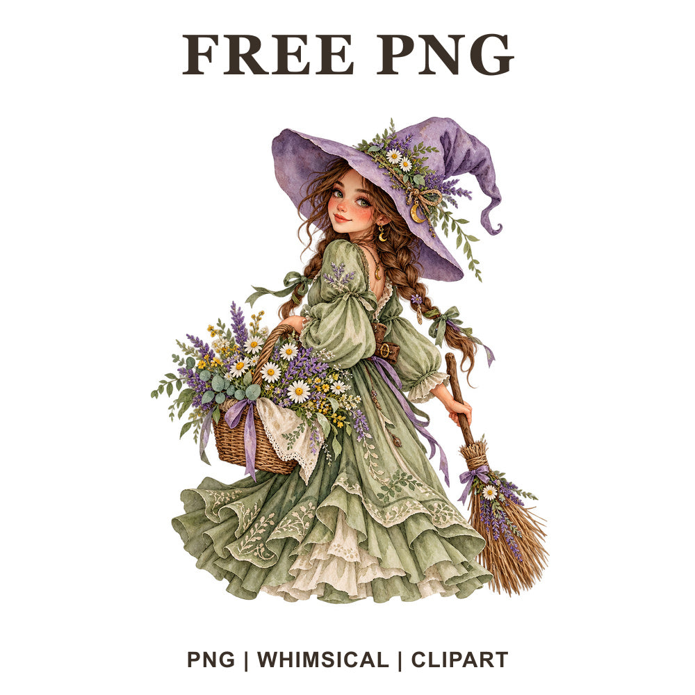 Whimsical Lavender Garden Witch Clipart PNG