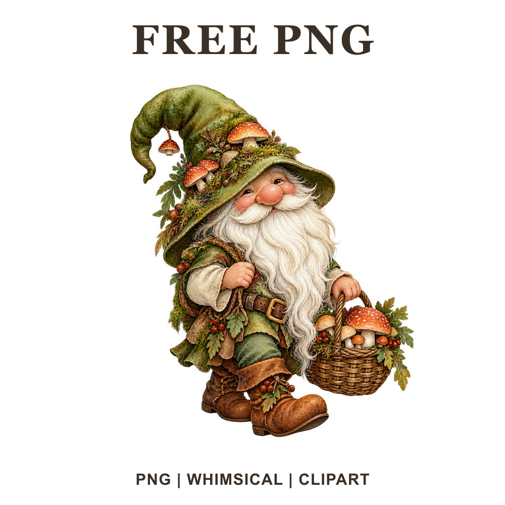 Whimsical Mushroom Forest Forager Gnome Clipart PNG