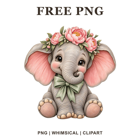 Whimsical Pink Peony Elephant Clipart PNG-8SVG