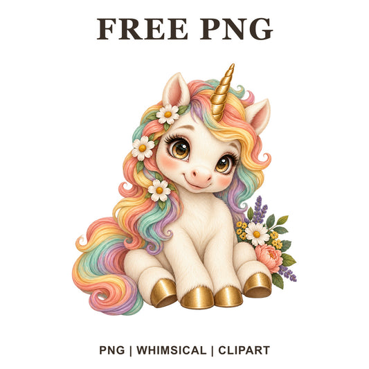 Whimsical Rainbow Garden Unicorn Clipart PNG