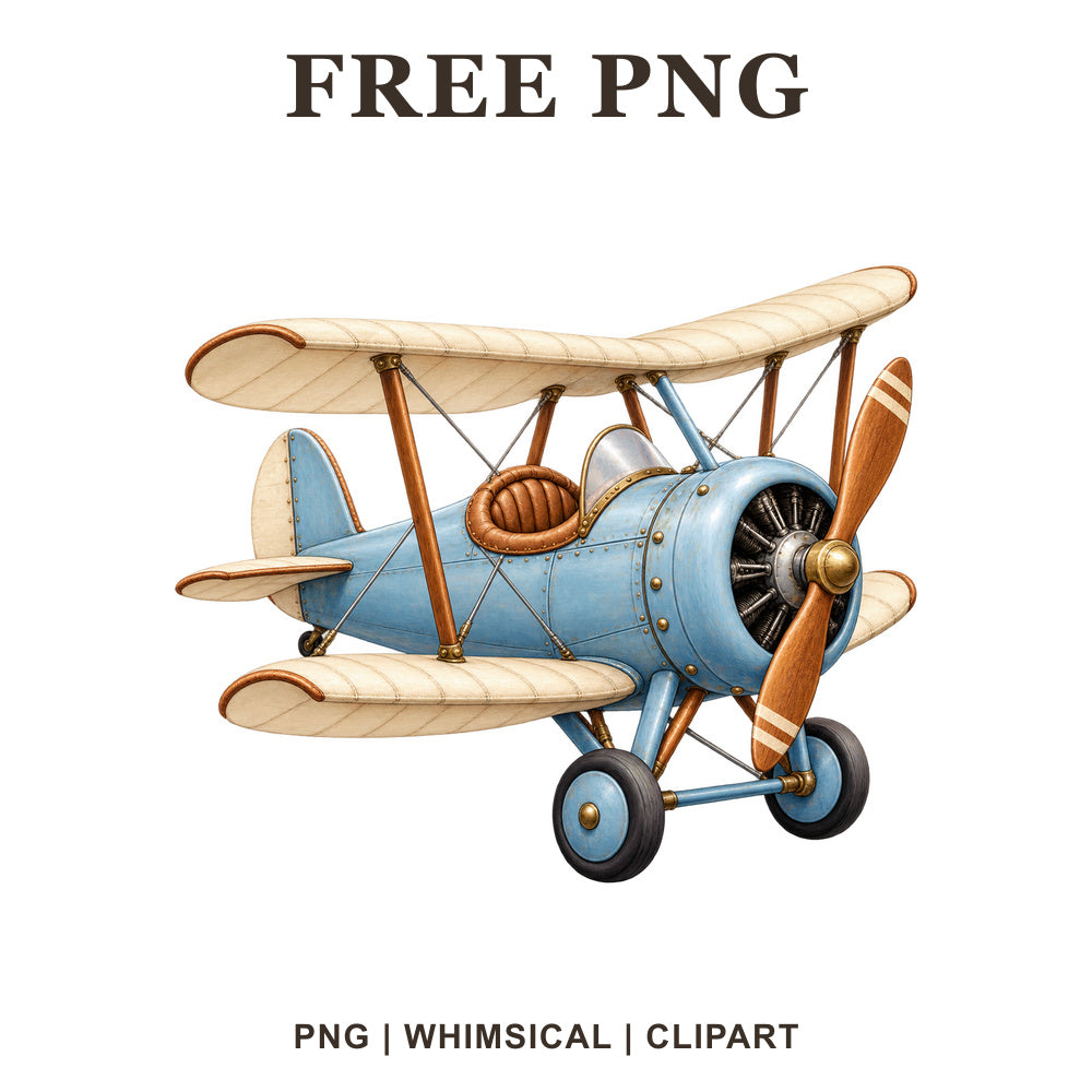 Whimsical Sky Blue Biplane Airplane Clipart PNG