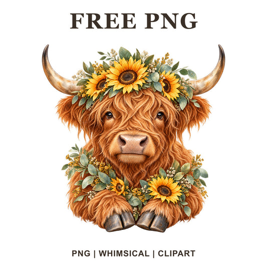 Whimsical Sunflower Crown Highland Cow Clipart PNG