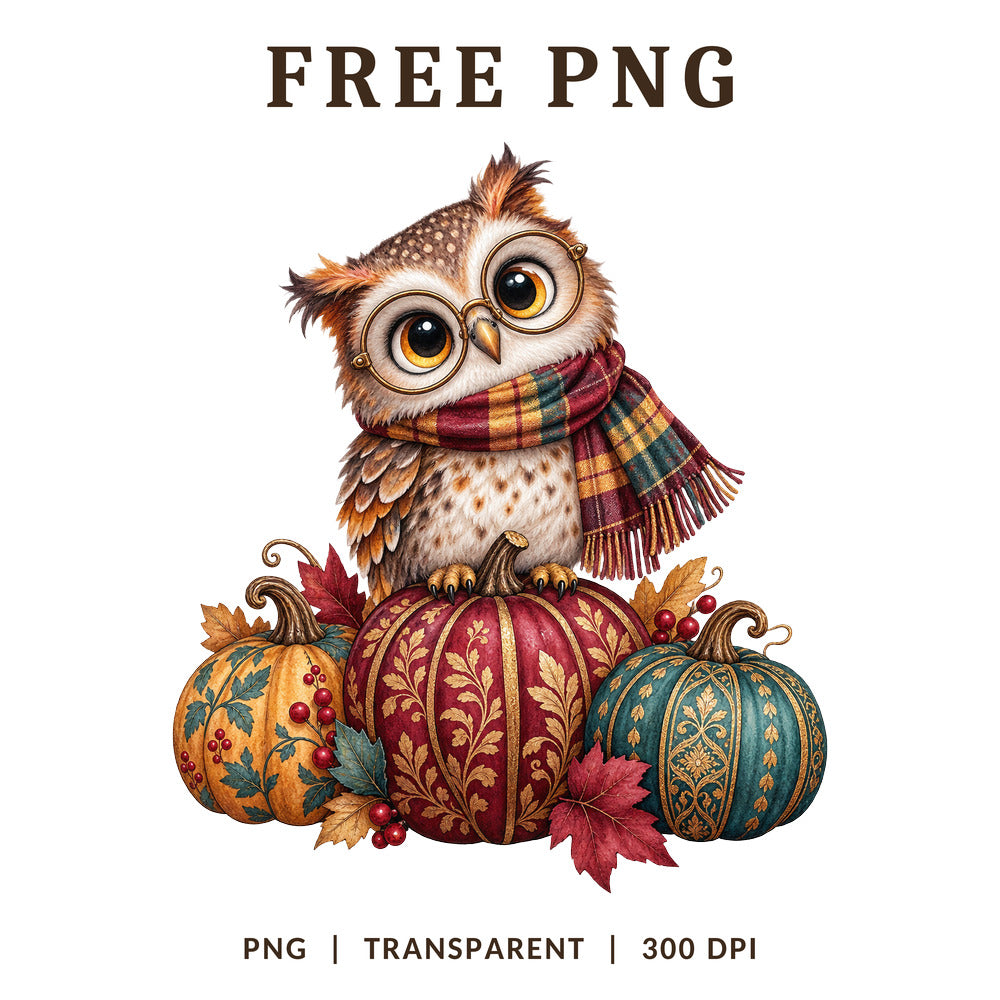 Autumn Owl Plaid Scarf Pumpkins Watercolor PNG-8SVG