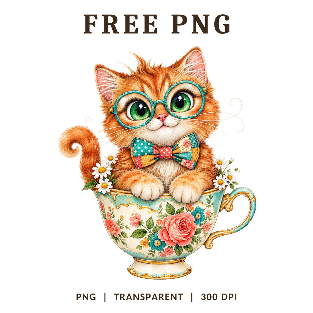 Ginger Kitten Glasses Teacup Watercolor PNG-8SVG