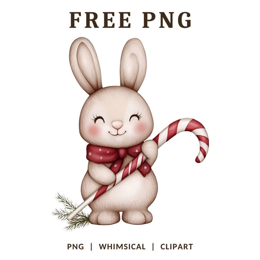 Whimsical Christmas Bunny Candy Cane Clipart PNG-8SVG