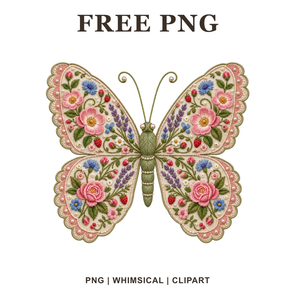 Whimsical Embroidered Cottage Butterfly Clipart PNG