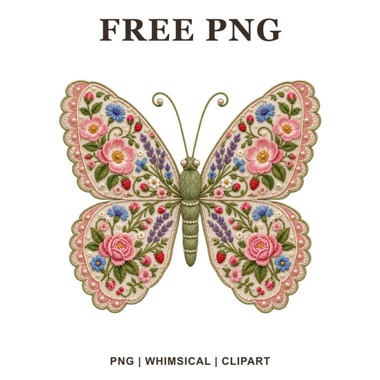Whimsical Embroidered Cottage Butterfly Clipart PNG