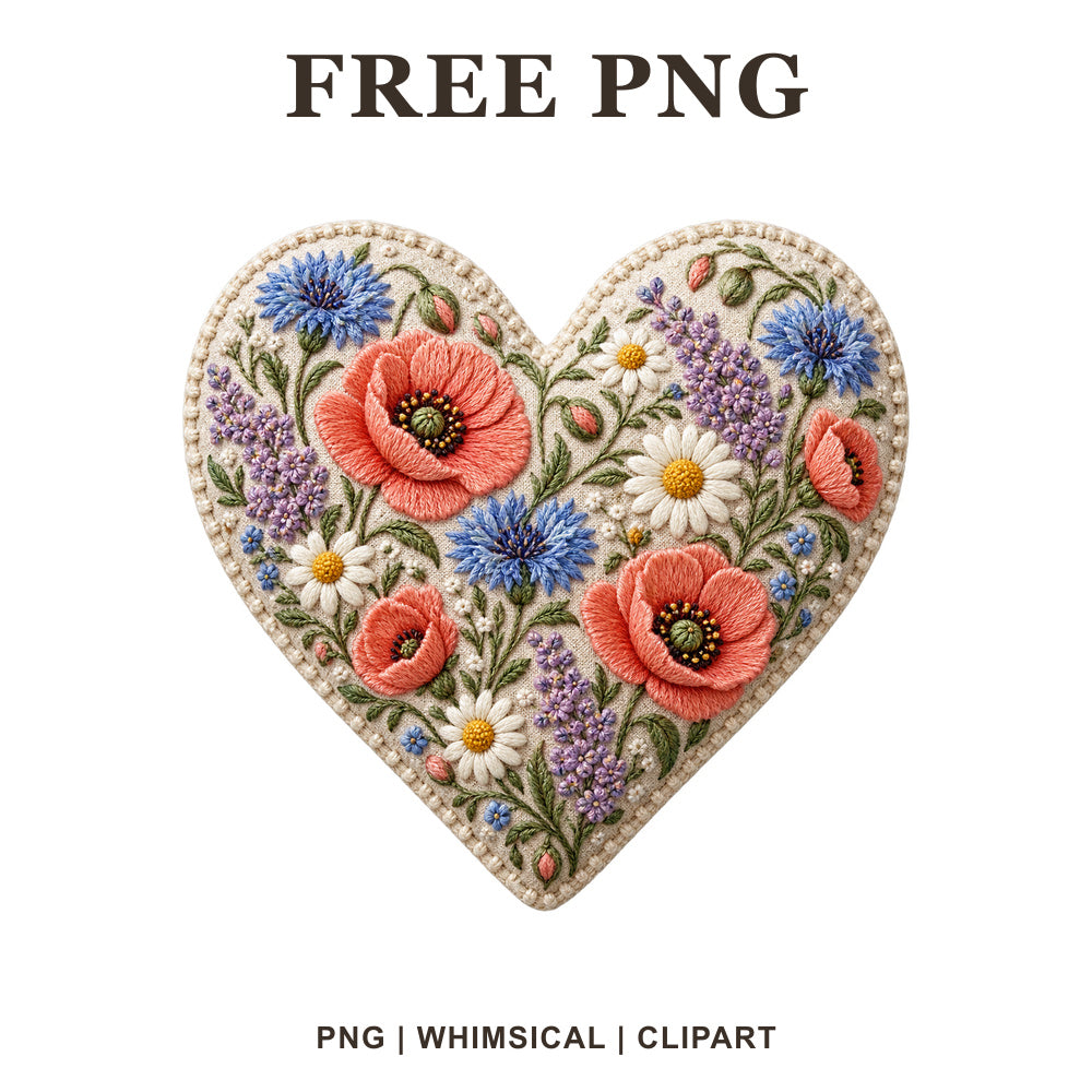 Whimsical Embroidered Wildflowers Heart Clipart PNG