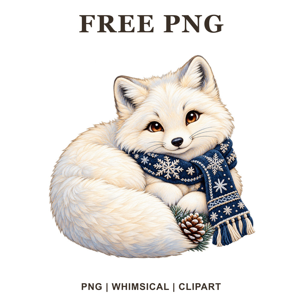 Whimsical Arctic Fox Winter Clipart PNG
