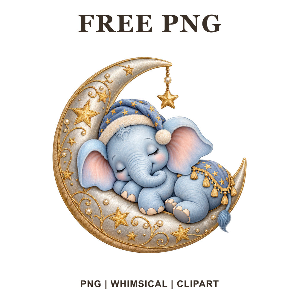 Whimsical Blue Moon Elephant Clipart PNG-8SVG