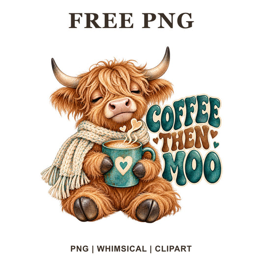Whimsical Coffee Cozy Morning Highland Cow Clipart PNG