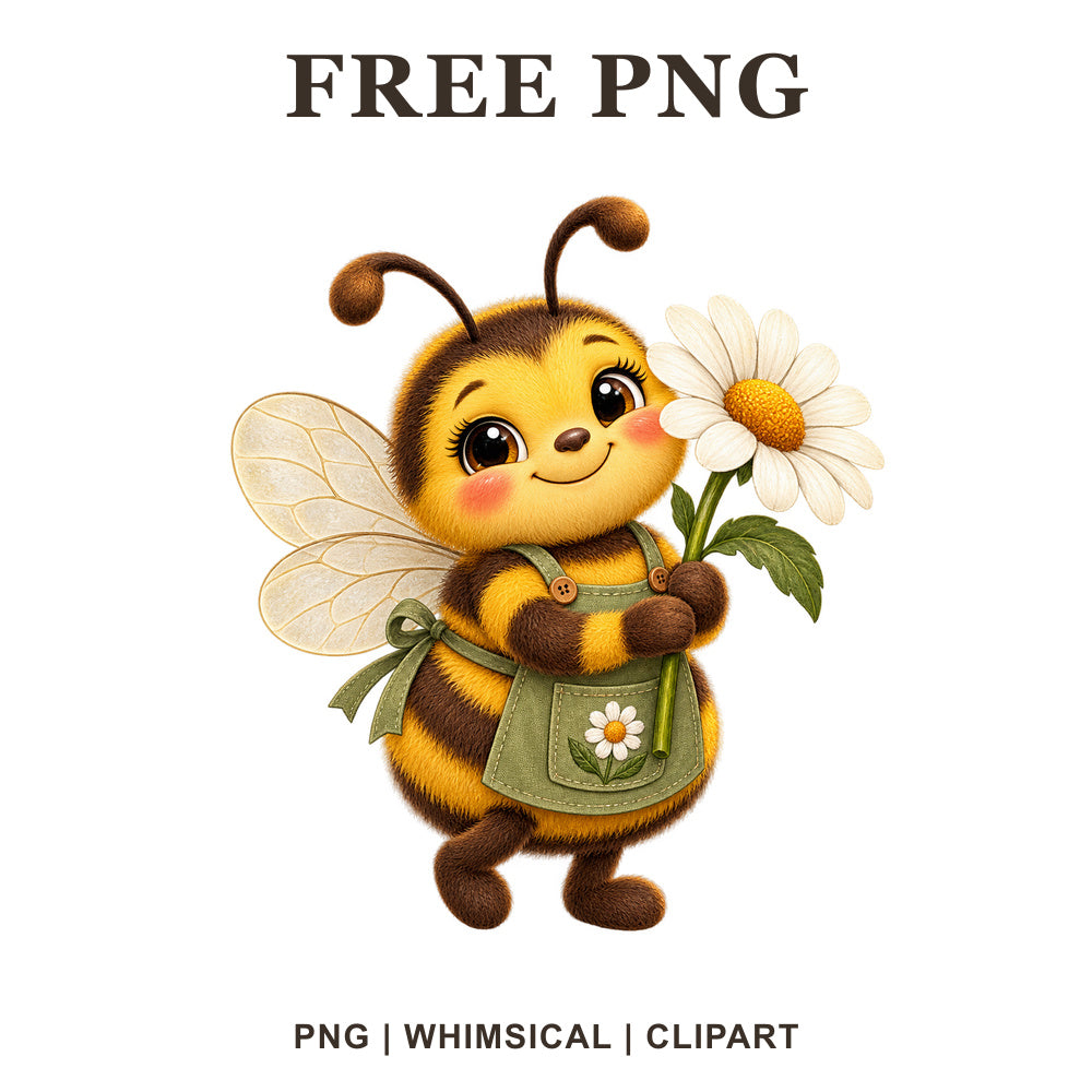 Whimsical Daisy Gardener Bee Clipart PNG