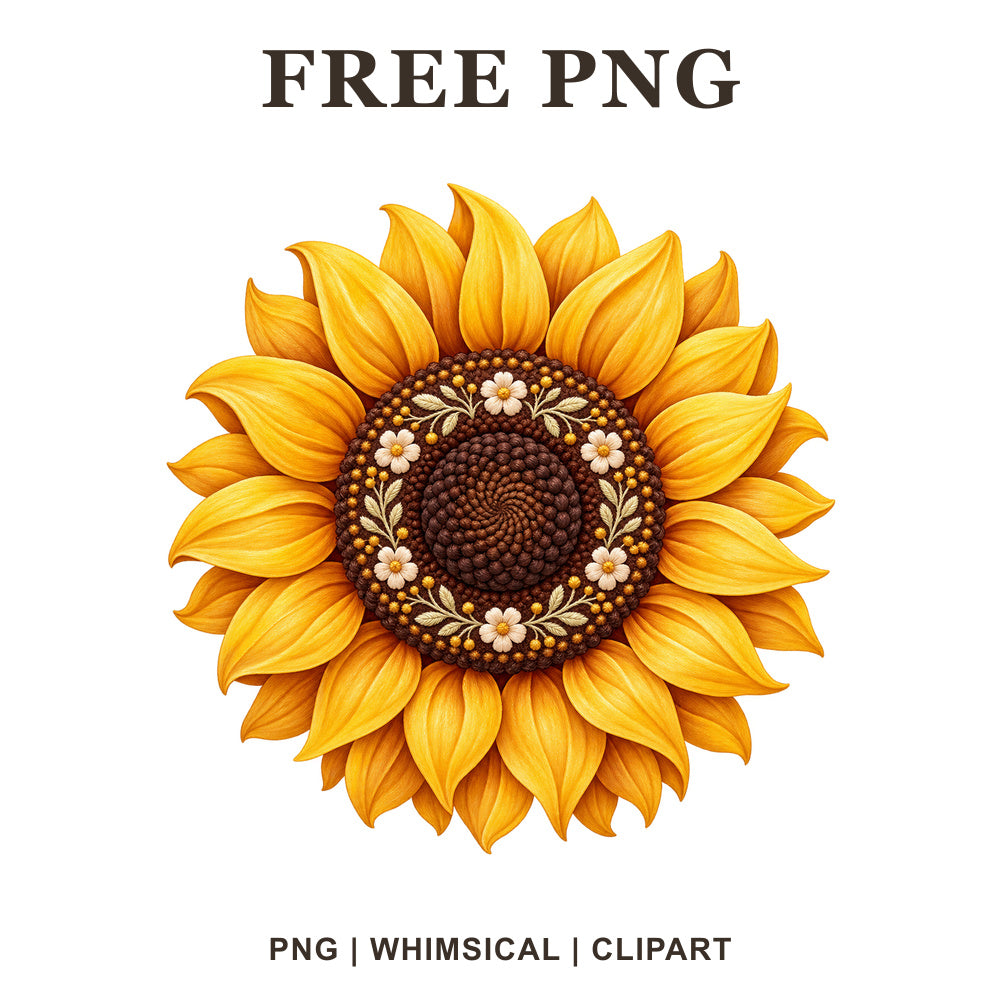 Whimsical Embroidered Bloom Sunflower Clipart PNG