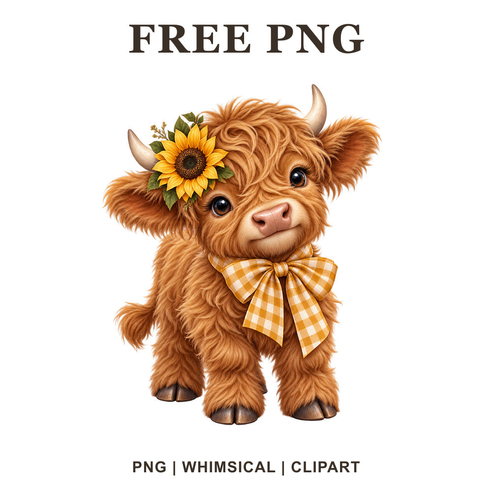 Whimsical Highland Sunflower Cow Clipart PNG