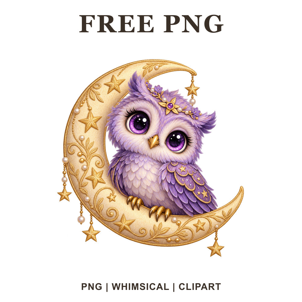 Whimsical Lavender Moon Owl Clipart PNG