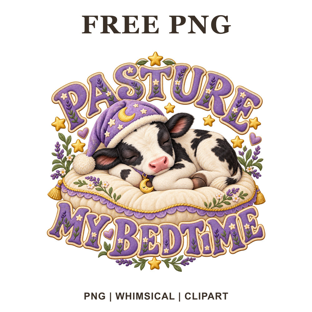 Whimsical Pasture Bedtime Cow Clipart PNG
