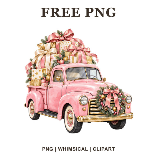 Whimsical Pink Bow Gift Delivery Christmas Truck Clipart PNG