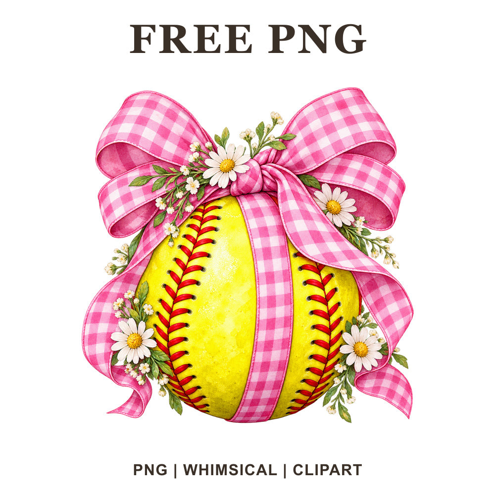 Whimsical Pink Bow Softball Clipart PNG