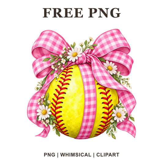 Whimsical Pink Bow Softball Clipart PNG