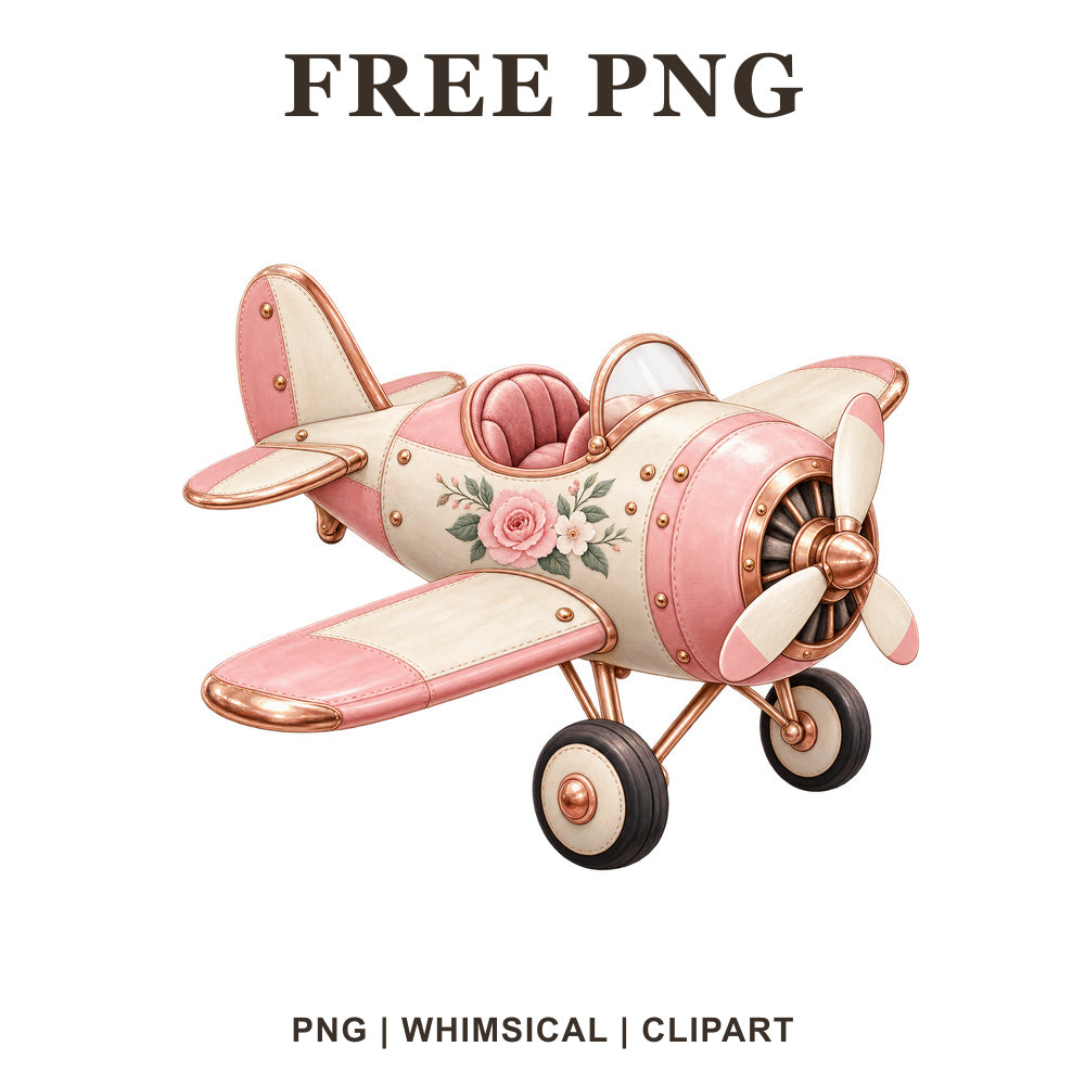 Whimsical Rose Gold Propeller Airplane Clipart PNG