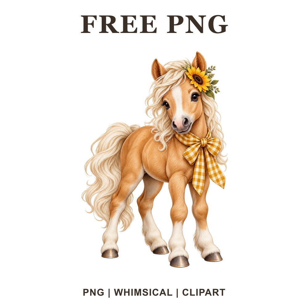 Whimsical Sunflower Palomino Horse Clipart PNG