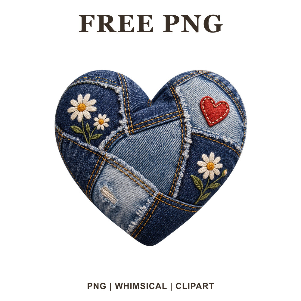 Whimsical Patchwork Denim Heart Clipart PNG
