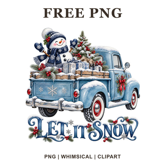 Whimsical Blue Snowman Ride Christmas Truck Clipart PNG