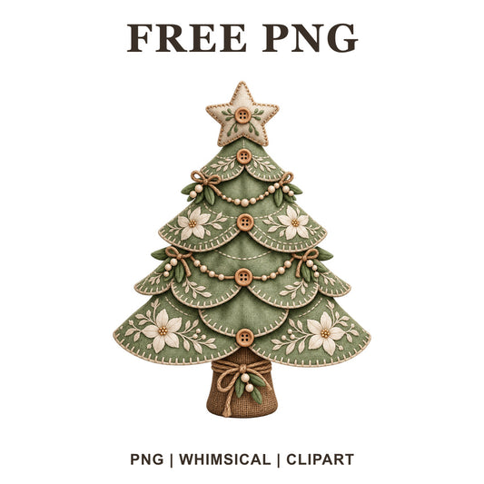 Whimsical Embroidered Linen Christmas Tree Clipart PNG-8SVG