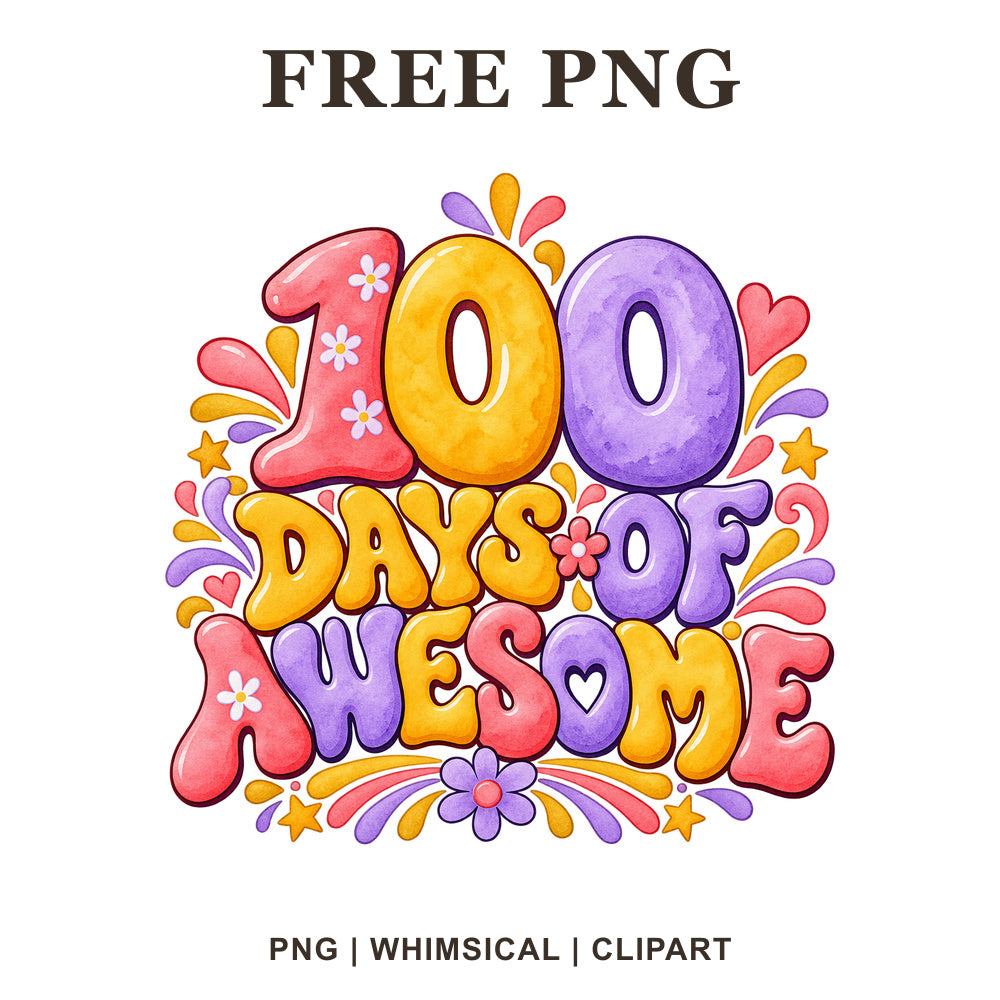 Whimsical Groovy Hundred 100 Days Of School Clipart PNG