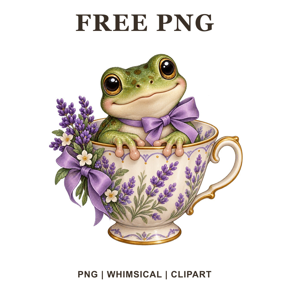 Whimsical Lavender Teacup Frog Clipart PNG-8SVG