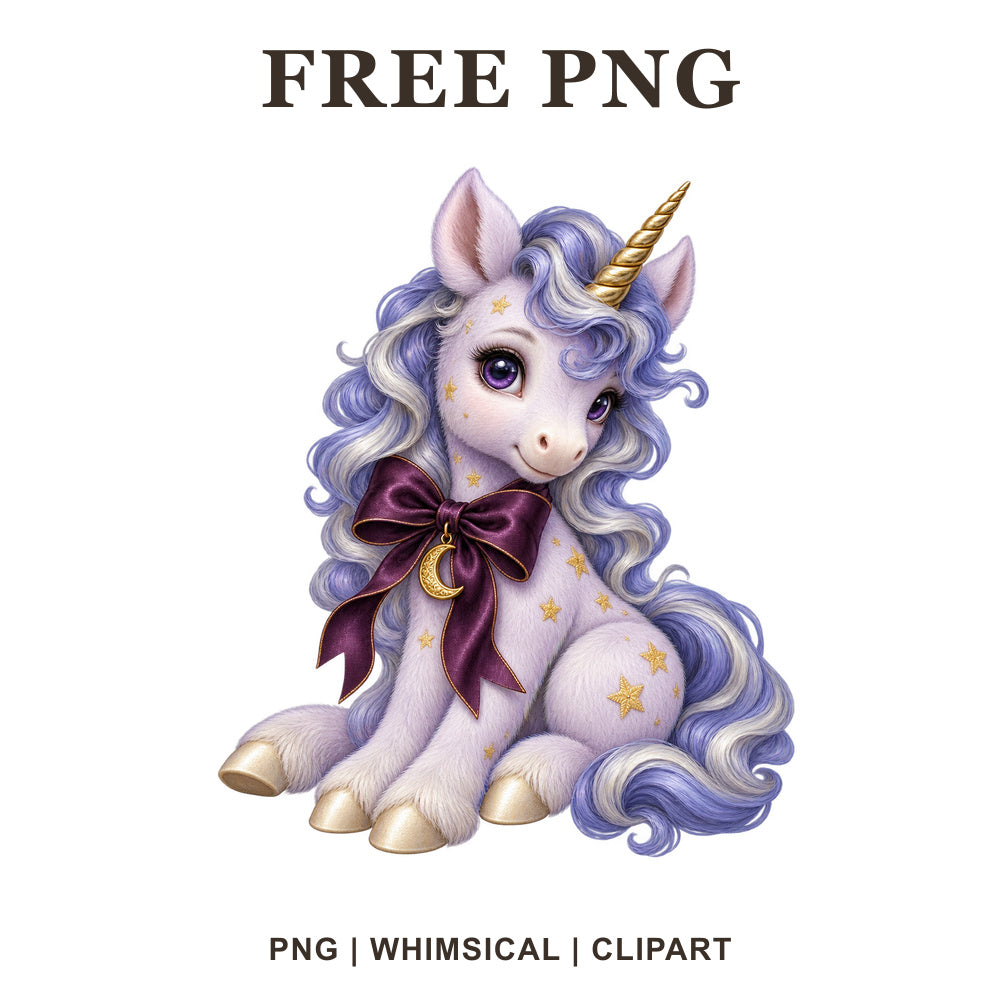 Whimsical Lilac Moon Ribbon Unicorn Clipart PNG