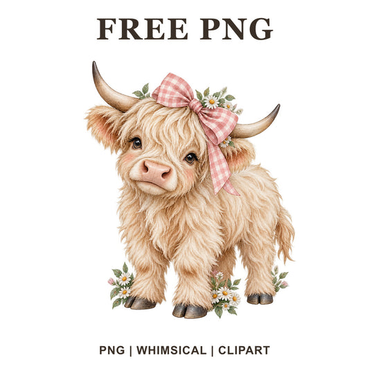 Whimsical Pink Bow Sweetheart Highland Cow Clipart PNG