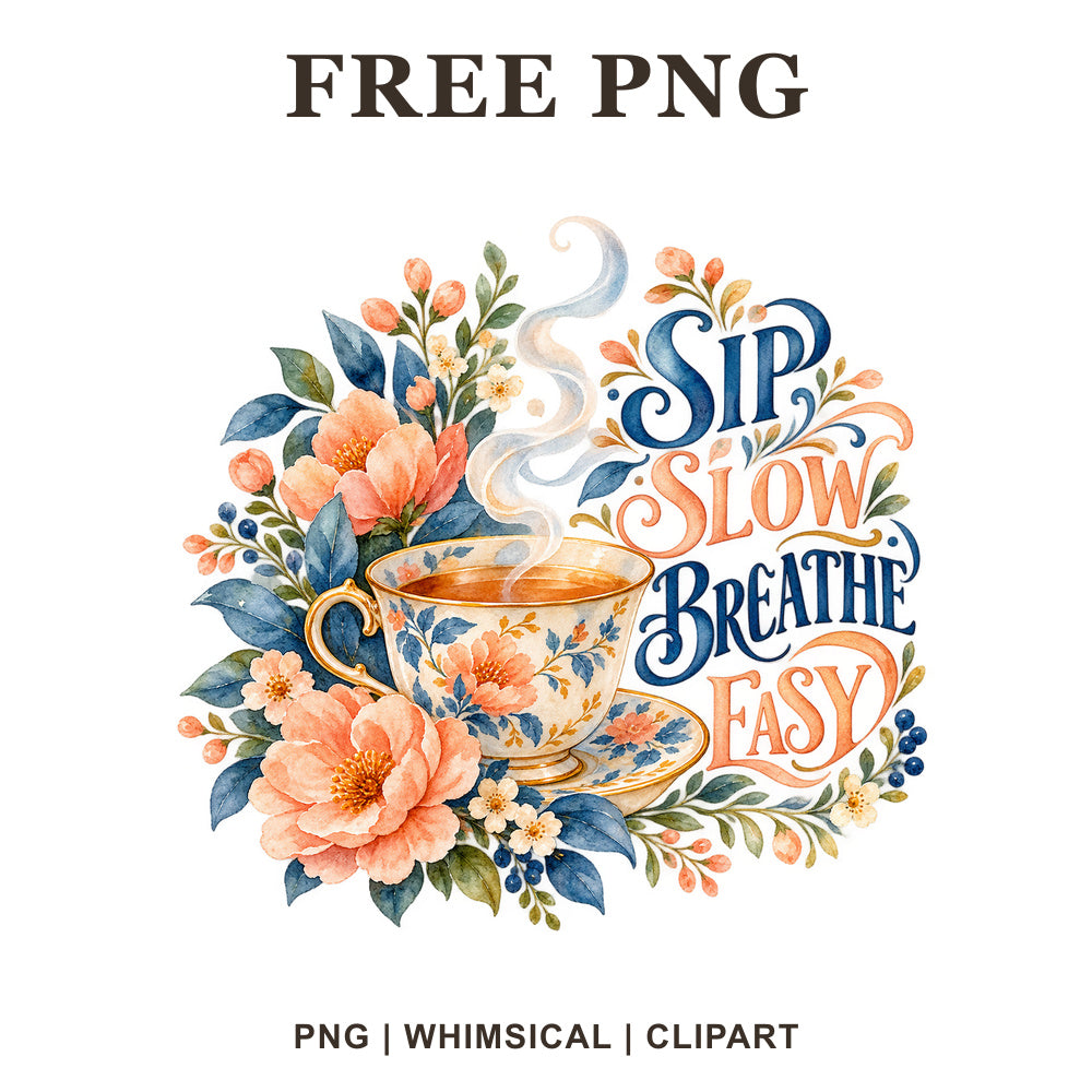 Whimsical Sip Slow Breathe Easy Self Care Clipart PNG