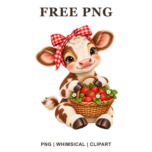 Whimsical Strawberry Basket Cow Clipart PNG
