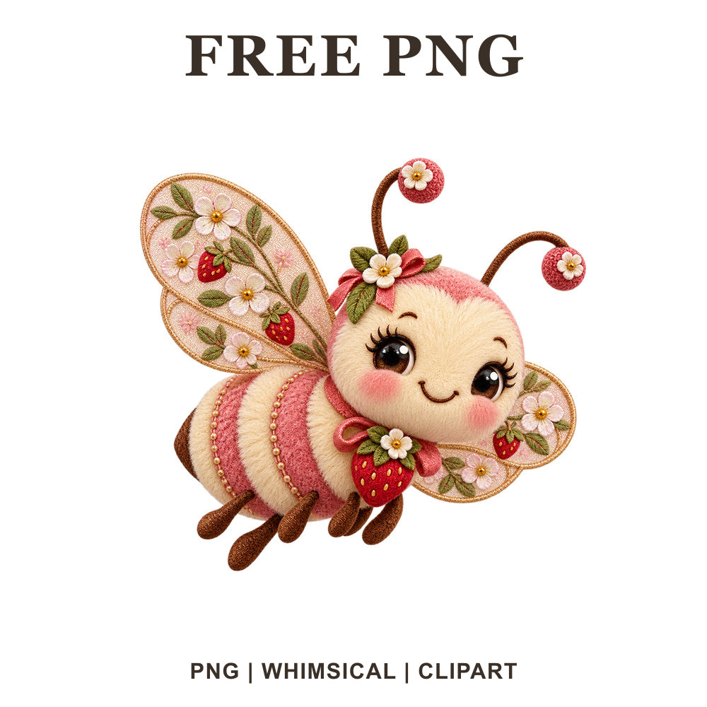 Whimsical Strawberry Fairy Bee Clipart PNG