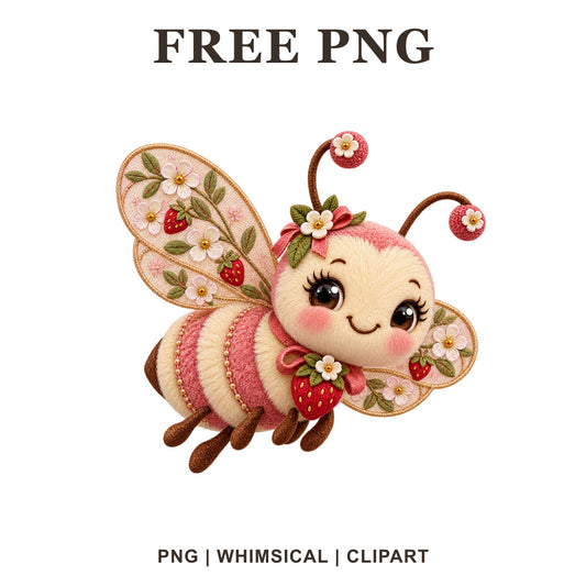 Whimsical Strawberry Fairy Bee Clipart PNG